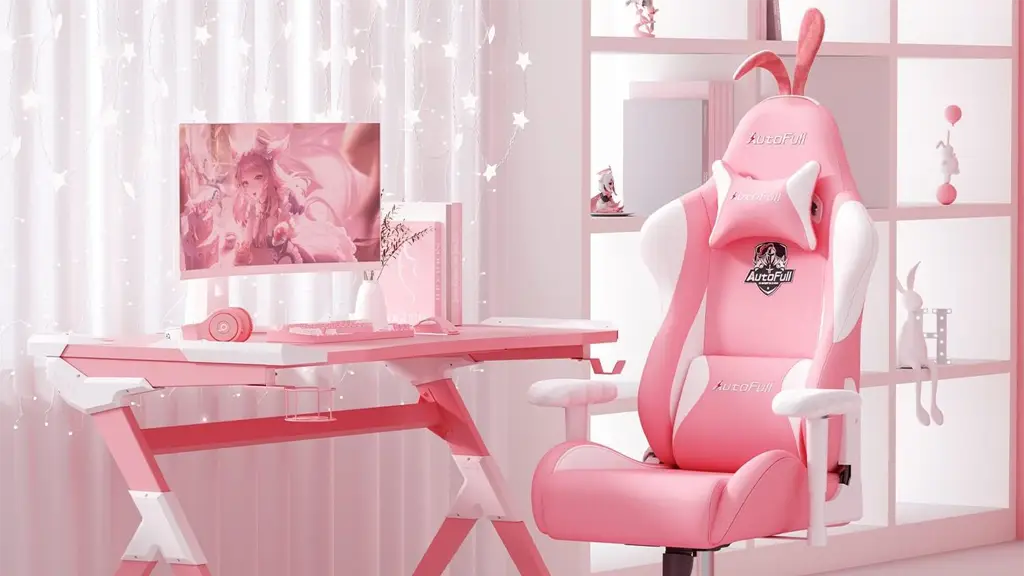 Pink bunny chair, desk, and monitor.